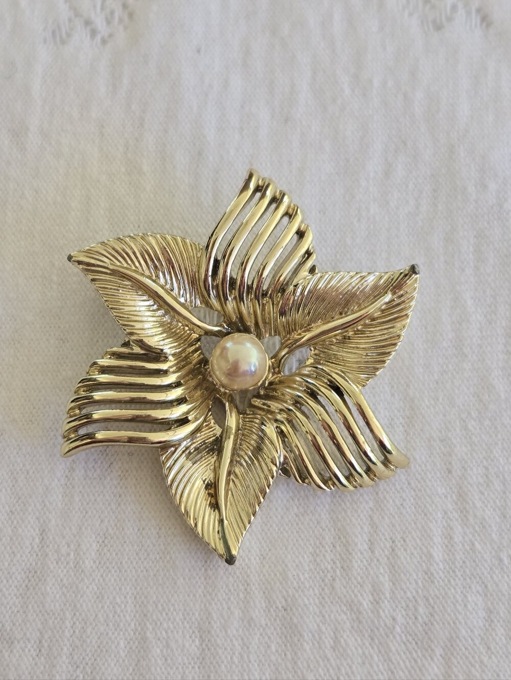 Vintage Marboux Gold Floral Pearl Center Brooch - Timeless Women's Jewelry